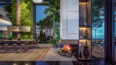 Üç boyutlu pahalı iç döşeme, yeşil duvarlar, canlı yemek alanı merdiveni ve kiralık mutfak. Ilık iç aydınlatma ve gece sokağındaki soğuk ışık birleşimi.