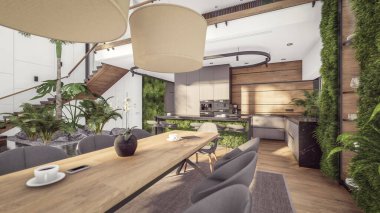 Üç boyutlu pahalı iç döşeme, yeşil duvarlar, canlı yemek alanı merdiveni ve kiralık mutfak. Pahalı mobilyaları, ekipmanları ve çiçekleri olan geniş daireler.