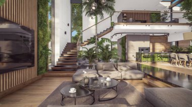 Üç boyutlu pahalı iç döşeme, yeşil duvarlar, canlı yemek alanı merdiveni ve kiralık mutfak. Pahalı mobilyaları, ekipmanları ve çiçekleri olan geniş daireler.