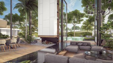 Üç boyutlu pahalı iç döşeme, yeşil duvarlar, canlı yemek alanı merdiveni ve kiralık mutfak. Pahalı mobilyaları, ekipmanları ve çiçekleri olan geniş daireler.