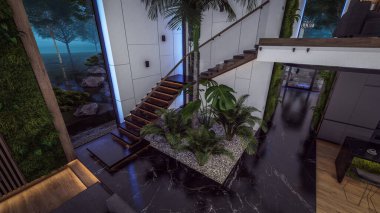 Üç boyutlu pahalı iç döşeme, yeşil duvarlar, canlı yemek alanı merdiveni ve kiralık mutfak. Ilık iç aydınlatma ve gece sokağındaki soğuk ışık birleşimi.