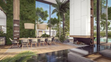 Üç boyutlu pahalı iç döşeme, yeşil duvarlar, canlı yemek alanı merdiveni ve kiralık mutfak. Pahalı mobilyaları, ekipmanları ve çiçekleri olan geniş daireler.