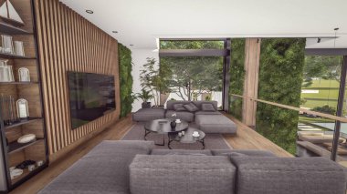 Üç boyutlu pahalı iç döşeme, yeşil duvarlar, canlı yemek alanı merdiveni ve kiralık mutfak. Pahalı mobilyaları, ekipmanları ve çiçekleri olan geniş daireler.