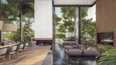 Üç boyutlu pahalı iç döşeme, yeşil duvarlar, canlı yemek alanı merdiveni ve kiralık mutfak. Pahalı mobilyaları, ekipmanları ve çiçekleri olan geniş daireler.