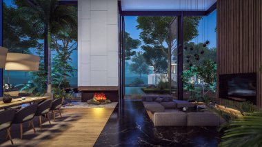 Üç boyutlu pahalı iç döşeme, yeşil duvarlar, canlı yemek alanı merdiveni ve kiralık mutfak. Ilık iç aydınlatma ve gece sokağındaki soğuk ışık birleşimi.