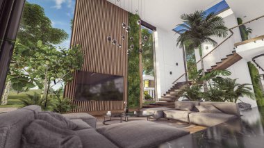 Üç boyutlu pahalı iç döşeme, yeşil duvarlar, canlı yemek alanı merdiveni ve kiralık mutfak. Pahalı mobilyaları, ekipmanları ve çiçekleri olan geniş daireler.