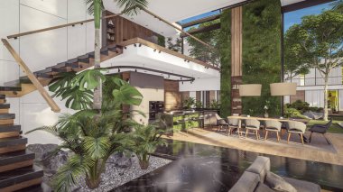 Üç boyutlu pahalı iç döşeme, yeşil duvarlar, canlı yemek alanı merdiveni ve kiralık mutfak. Pahalı mobilyaları, ekipmanları ve çiçekleri olan geniş daireler.