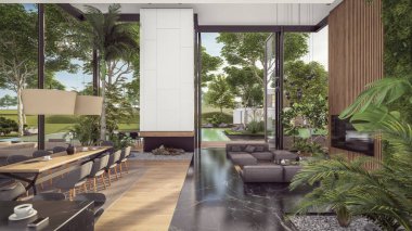 Üç boyutlu pahalı iç döşeme, yeşil duvarlar, canlı yemek alanı merdiveni ve kiralık mutfak. Pahalı mobilyaları, ekipmanları ve çiçekleri olan geniş daireler.