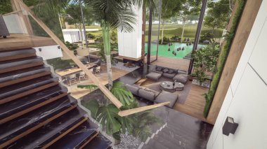 Üç boyutlu pahalı iç döşeme, yeşil duvarlar, canlı yemek alanı merdiveni ve kiralık mutfak. Pahalı mobilyaları, ekipmanları ve çiçekleri olan geniş daireler.