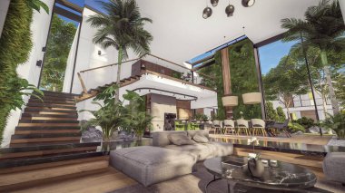 Üç boyutlu pahalı iç döşeme, yeşil duvarlar, canlı yemek alanı merdiveni ve kiralık mutfak. Pahalı mobilyaları, ekipmanları ve çiçekleri olan geniş daireler.