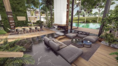 Üç boyutlu pahalı iç döşeme, yeşil duvarlar, canlı yemek alanı merdiveni ve kiralık mutfak. Pahalı mobilyaları, ekipmanları ve çiçekleri olan geniş daireler.