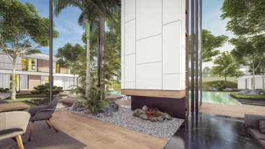 Üç boyutlu pahalı iç döşeme, yeşil duvarlar, canlı yemek alanı merdiveni ve kiralık mutfak. Pahalı mobilyaları, ekipmanları ve çiçekleri olan geniş daireler.