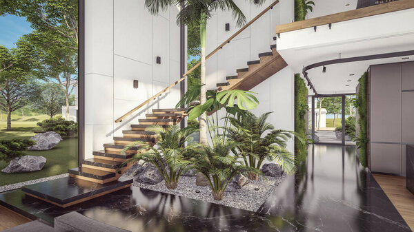 3D рендеринг дорогого уютного интерьера с зелеными стенами с гостиной лестницей столовой и кухней на продажу или аренду. Просторные апартаменты с дорогой мебелью, оборудованием и цветами