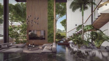 Üç boyutlu pahalı iç döşeme, yeşil duvarlar, canlı yemek alanı merdiveni ve kiralık mutfak. Pahalı mobilyaları, ekipmanları ve çiçekleri olan geniş daireler.