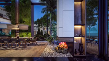 Üç boyutlu pahalı iç döşeme, yeşil duvarlar, canlı yemek alanı merdiveni ve kiralık mutfak. Ilık iç aydınlatma ve gece sokağındaki soğuk ışık birleşimi.