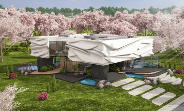 Biyonik doğal kıvrımları olan, park yeri ve havuzu satılık veya kiralık olan sevimli, rahat, modern bir ev. Taze bir bahar günü Sakura çiçekleriyle çiçek açan ağaçlarla