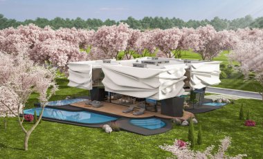 Biyonik doğal kıvrımları olan, park yeri ve havuzu satılık veya kiralık olan sevimli, rahat, modern bir ev. Taze bir bahar günü Sakura çiçekleriyle çiçek açan ağaçlarla