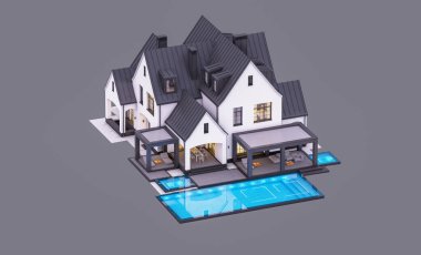 Üç boyutlu şirin, beyaz ve siyah, modern Tudor tarzı bir ev. Park yeri ve havuzu satılık ya da güzel peyzajlı. Peri çatıları. Akşamları gri renkte izole edilmiş