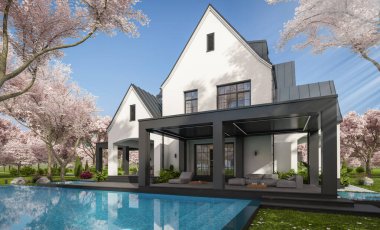 Park yeri ve havuzu satılık ya da kiralık olan şirin, beyaz ve siyah Tudor tarzı bir ev. Taze bir bahar günü Sakura çiçekleriyle çiçek açan ağaçlarla.