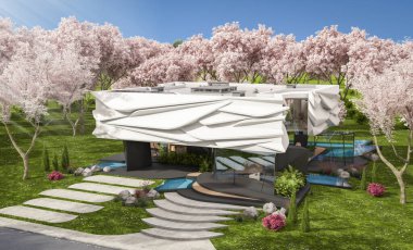 Biyonik doğal kıvrımları olan, park yeri ve havuzu satılık veya kiralık olan sevimli, rahat, modern bir ev. Taze bir bahar günü Sakura çiçekleriyle çiçek açan ağaçlarla