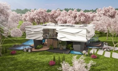 Biyonik doğal kıvrımları olan, park yeri ve havuzu satılık veya kiralık olan sevimli, rahat, modern bir ev. Taze bir bahar günü Sakura çiçekleriyle çiçek açan ağaçlarla