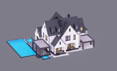Üç boyutlu şirin, beyaz ve siyah, modern Tudor tarzı bir ev. Park yeri ve havuzu satılık ya da güzel peyzajlı. Peri çatıları. Akşamları gri renkte izole edilmiş
