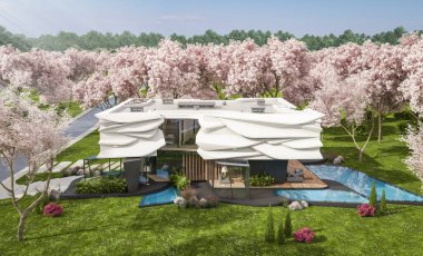 Biyonik doğal kıvrımları olan, park yeri ve havuzu satılık veya kiralık olan sevimli, rahat, modern bir ev. Taze bir bahar günü Sakura çiçekleriyle çiçek açan ağaçlarla