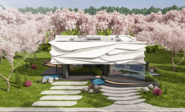 Biyonik doğal kıvrımları olan, park yeri ve havuzu satılık veya kiralık olan sevimli, rahat, modern bir ev. Taze bir bahar günü Sakura çiçekleriyle çiçek açan ağaçlarla