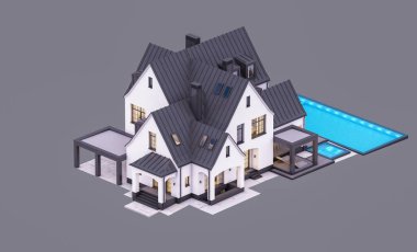 Üç boyutlu şirin, beyaz ve siyah, modern Tudor tarzı bir ev. Park yeri ve havuzu satılık ya da güzel peyzajlı. Peri çatıları. Akşamları gri renkte izole edilmiş