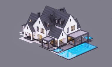 Üç boyutlu şirin, beyaz ve siyah, modern Tudor tarzı bir ev. Park yeri ve havuzu satılık ya da güzel peyzajlı. Peri çatıları. Akşamları gri renkte izole edilmiş