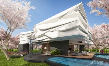 Biyonik doğal kıvrımları olan, park yeri ve havuzu satılık veya kiralık olan sevimli, rahat, modern bir ev. Taze bir bahar günü Sakura çiçekleriyle çiçek açan ağaçlarla