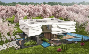 Biyonik doğal kıvrımları olan, park yeri ve havuzu satılık veya kiralık olan sevimli, rahat, modern bir ev. Taze bir bahar günü Sakura çiçekleriyle çiçek açan ağaçlarla