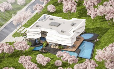 Biyonik doğal kıvrımları olan, park yeri ve havuzu satılık veya kiralık olan sevimli, rahat, modern bir ev. Taze bir bahar günü Sakura çiçekleriyle çiçek açan ağaçlarla