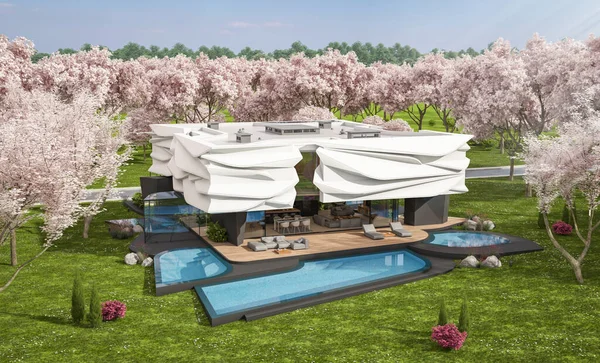 Biyonik doğal kıvrımları olan, park yeri ve havuzu satılık veya kiralık olan sevimli, rahat, modern bir ev. Taze bir bahar günü Sakura çiçekleriyle çiçek açan ağaçlarla