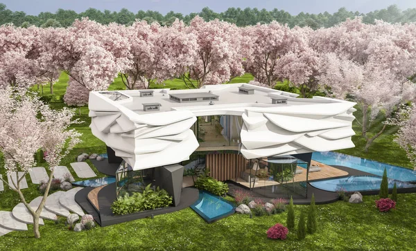 Biyonik doğal kıvrımları olan, park yeri ve havuzu satılık veya kiralık olan sevimli, rahat, modern bir ev. Taze bir bahar günü Sakura çiçekleriyle çiçek açan ağaçlarla