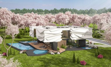 Biyonik doğal kıvrımları olan, park yeri ve havuzu satılık veya kiralık olan sevimli, rahat, modern bir ev. Taze bir bahar günü Sakura çiçekleriyle çiçek açan ağaçlarla