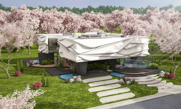 Biyonik doğal kıvrımları olan, park yeri ve havuzu satılık veya kiralık olan sevimli, rahat, modern bir ev. Taze bir bahar günü Sakura çiçekleriyle çiçek açan ağaçlarla