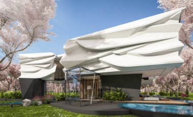 Biyonik doğal kıvrımları olan, park yeri ve havuzu satılık veya kiralık olan sevimli, rahat, modern bir ev. Taze bir bahar günü Sakura çiçekleriyle çiçek açan ağaçlarla