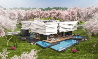 Biyonik doğal kıvrımları olan, park yeri ve havuzu satılık veya kiralık olan sevimli, rahat, modern bir ev. Taze bir bahar günü Sakura çiçekleriyle çiçek açan ağaçlarla