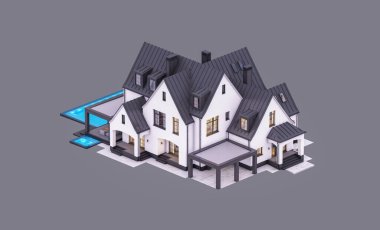 Üç boyutlu şirin, beyaz ve siyah, modern Tudor tarzı bir ev. Park yeri ve havuzu satılık ya da güzel peyzajlı. Peri çatıları. Akşamları gri renkte izole edilmiş