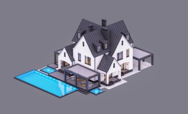 Üç boyutlu şirin, beyaz ve siyah, modern Tudor tarzı bir ev. Park yeri ve havuzu satılık ya da güzel peyzajlı. Peri çatıları. Akşamları gri renkte izole edilmiş