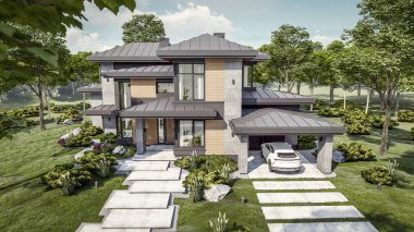 Gri ahşap aksanlı, geniş pencereli, binanın sağ tarafındaki ağaçlar ve çalılarla çevrili, çimenlikte yeşil çimenler, gün ışığı...