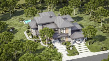 Gri ahşap aksanlı, geniş pencereli, binanın sağ tarafındaki ağaçlar ve çalılarla çevrili, çimenlikte yeşil çimenler, gün ışığı...