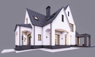 Üç boyutlu şirin, beyaz ve siyah, modern Tudor tarzı bir ev. Park yeri ve havuzu satılık ya da güzel peyzajlı. Peri çatıları. Akşamları gri renkte izole edilmiş