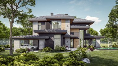 Gri ve ahşap aksanlı modern iki katlı ev, büyük pencereler, binanın sağ tarafında ağaçlar ve çalılarla çevrili park yeri, çimenlikte yeşil çimenler, gün ışığı.