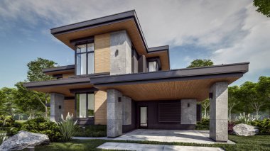 Gri ve ahşap aksanlı modern iki katlı ev, büyük pencereler, binanın sağ tarafında ağaçlar ve çalılarla çevrili park yeri, çimenlikte yeşil çimenler, gün ışığı.