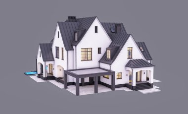 Üç boyutlu şirin, beyaz ve siyah, modern Tudor tarzı bir ev. Park yeri ve havuzu satılık ya da güzel peyzajlı. Peri çatıları. Akşamları gri renkte izole edilmiş