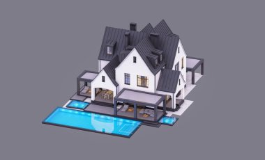 Üç boyutlu şirin, beyaz ve siyah, modern Tudor tarzı bir ev. Park yeri ve havuzu satılık ya da güzel peyzajlı. Peri çatıları. Akşamları gri renkte izole edilmiş