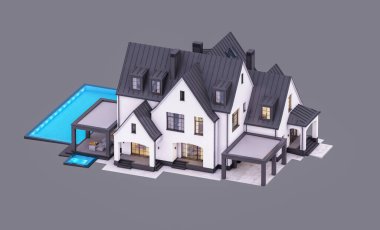 Üç boyutlu şirin, beyaz ve siyah, modern Tudor tarzı bir ev. Park yeri ve havuzu satılık ya da güzel peyzajlı. Peri çatıları. Akşamları gri renkte izole edilmiş