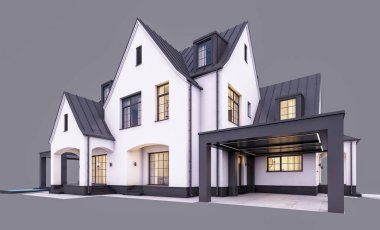 Üç boyutlu şirin, beyaz ve siyah, modern Tudor tarzı bir ev. Park yeri ve havuzu satılık ya da güzel peyzajlı. Peri çatıları. Akşamları gri renkte izole edilmiş